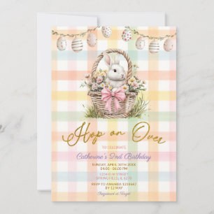 Hop On Over Spring Gingham Bunny Basket Birthday Invitation