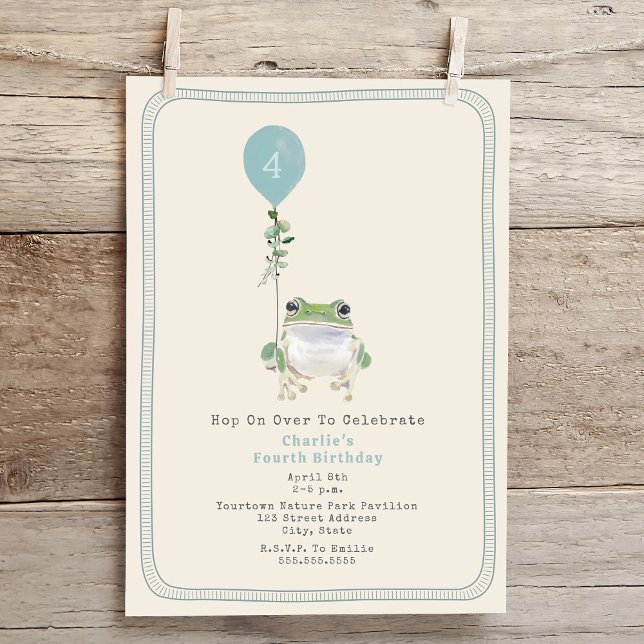 Hop On Over Woodland Frog Blue Boy Birthday Party Invitation (Creator Uploaded)