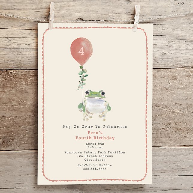 Hop On Over Woodland Frog Pink Birthday Party Invitation (Creator Uploaded)
