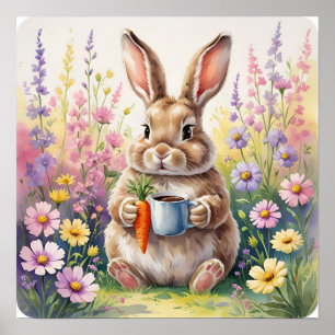Hop & Sip – Cute Rabbit with Carrot Cup Poster