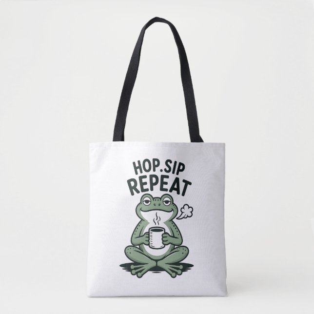 Hop Sip Repeat Funny Frog Coffee Design Tote Bag (Front)