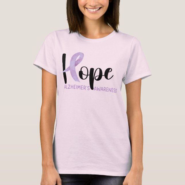 "Hope" Alzheimer's Awareness Purple Ribbon Script T-Shirt (Front)