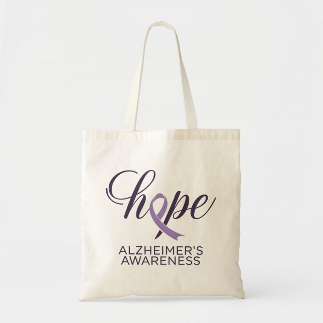 "Hope" Alzheimer's Awareness Purple Ribbon Script Tote Bag (Front)