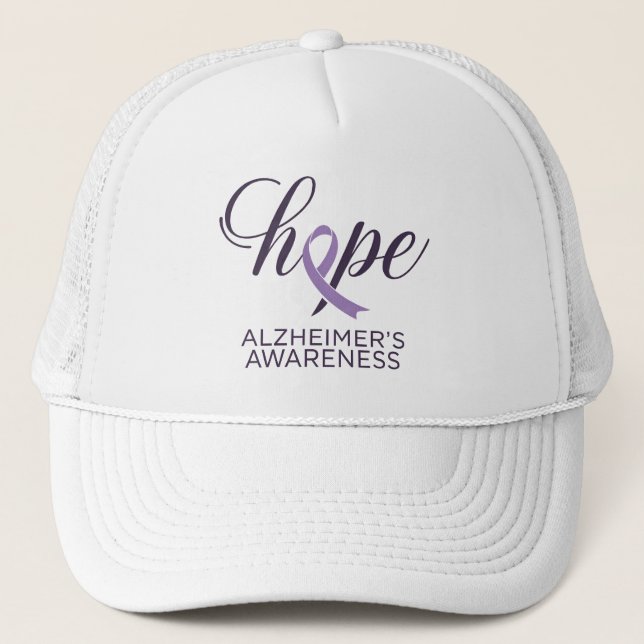 "Hope" Alzheimer's Awareness Purple Ribbon Script Trucker Hat (Front)