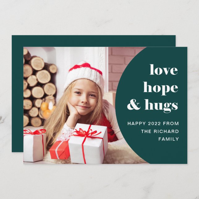 Hope and Hugs | Curved Frame Photo Green Holiday Card (Front/Back)