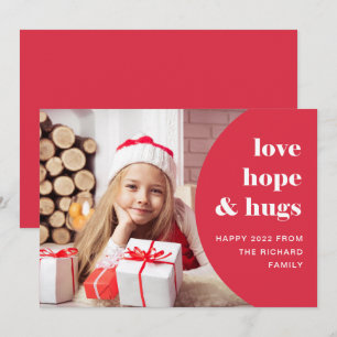 Hope and Hugs   Curved Frame Photo Red Holiday Card
