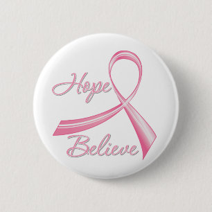 Hope Believe Brush Ribbon Breast Cancer 6 Cm Round Badge