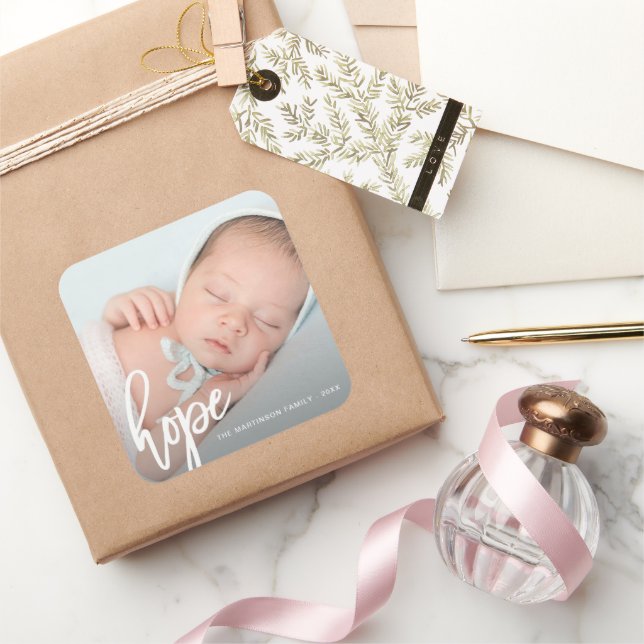 Hope Brush Script with Photo, Name, and Year Square Sticker (Gifting)