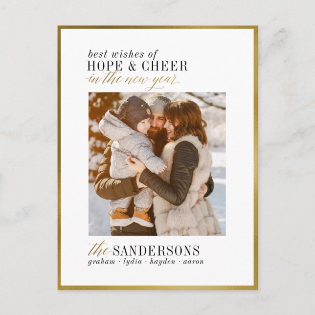 Hope & Cheer | Elegant White & Gold Holiday Photo Postcard (Front)
