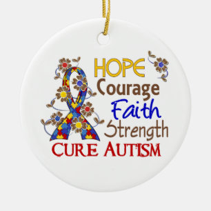 Hope Courage Faith Strength 3 Autism Ceramic Tree Decoration