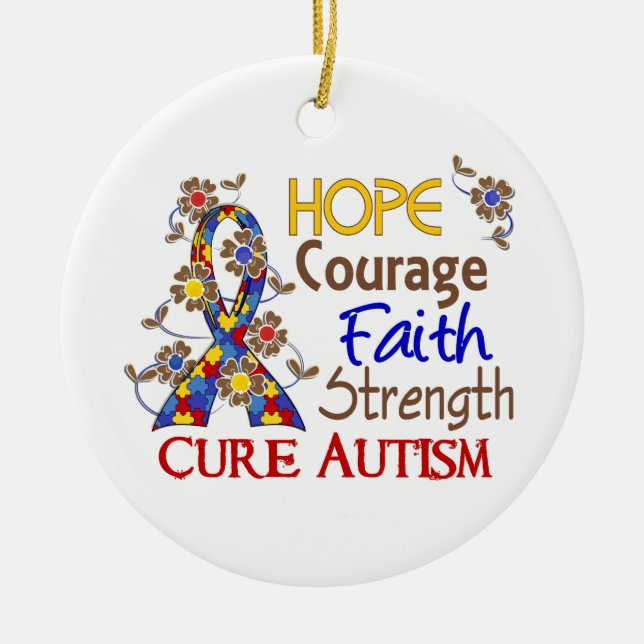 Hope Courage Faith Strength 3 Autism Ceramic Tree Decoration (Front)