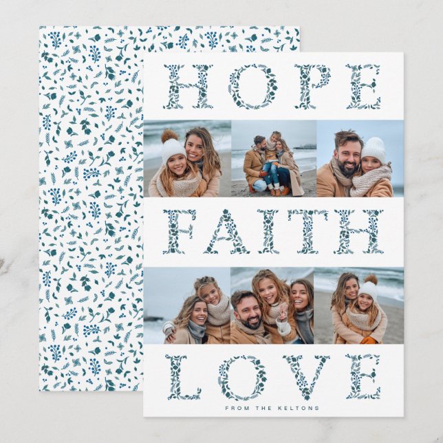 Hope, Faith Love modern floral Christmas photo Holiday Card (Front/Back)