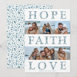 Hope, Faith Love modern floral Christmas photo Holiday Card