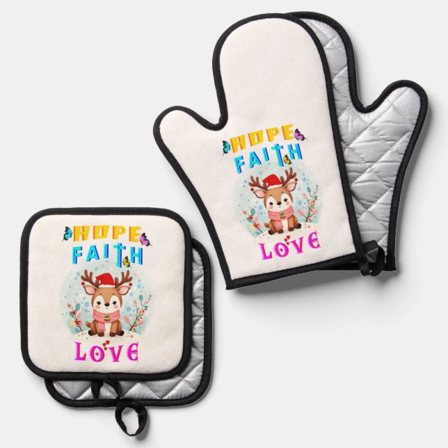 Hope Faith Love Oven Mitt & Pot Holder Set (Front/Back)