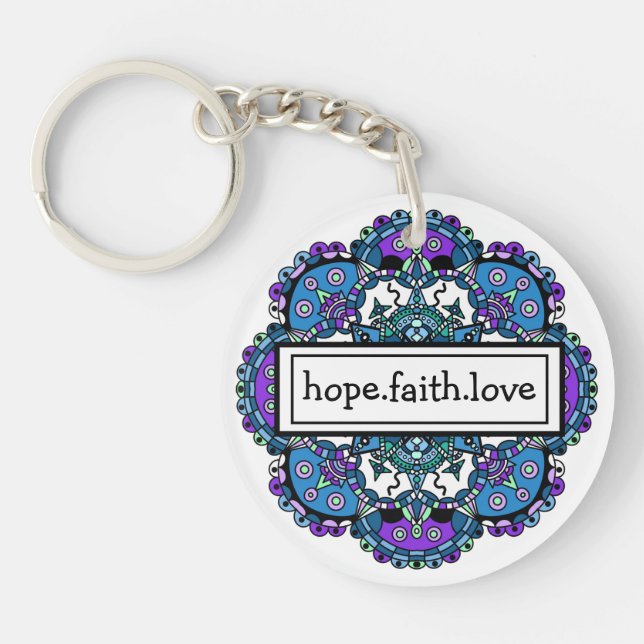 Hope. Faith. Love Purple and Blue Mandala  Key Ring (Front)