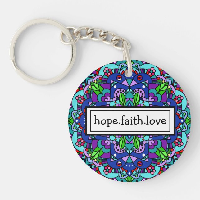 Hope. Faith. Love Purple and Blue Mandala  Keychai Key Ring (Front)