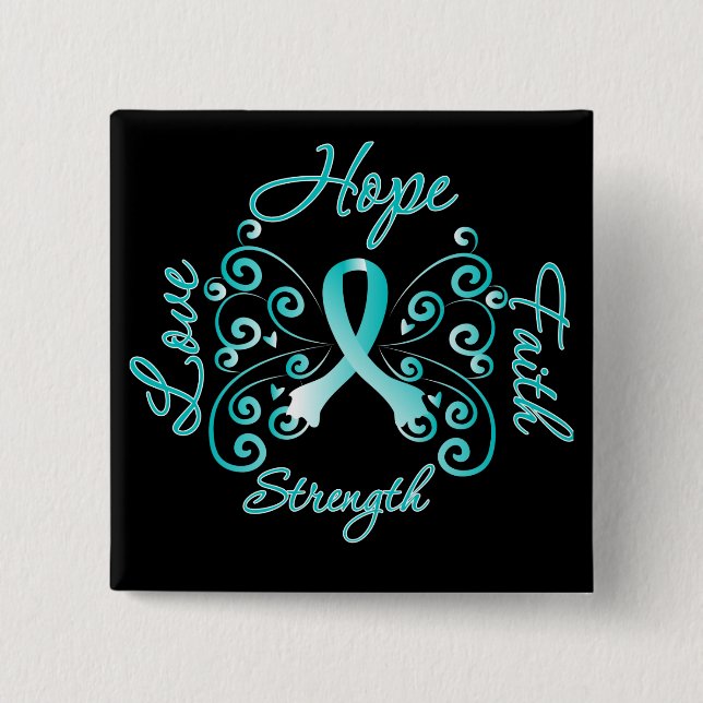 Hope Faith Love Strength Cervical Cancer 15 Cm Square Badge (Front)
