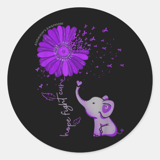 Hope Fight Cute Elephant Alzheimer's Purple Ribbon Classic Round Sticker (Front)