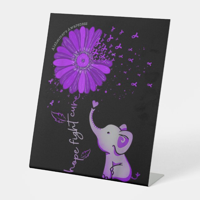 Hope Fight Cute Elephant Alzheimer's Purple Ribbon Pedestal Sign (Front)