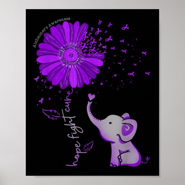 Hope Fight Cute Elephant Alzheimer's Purple Ribbon Poster (Front)