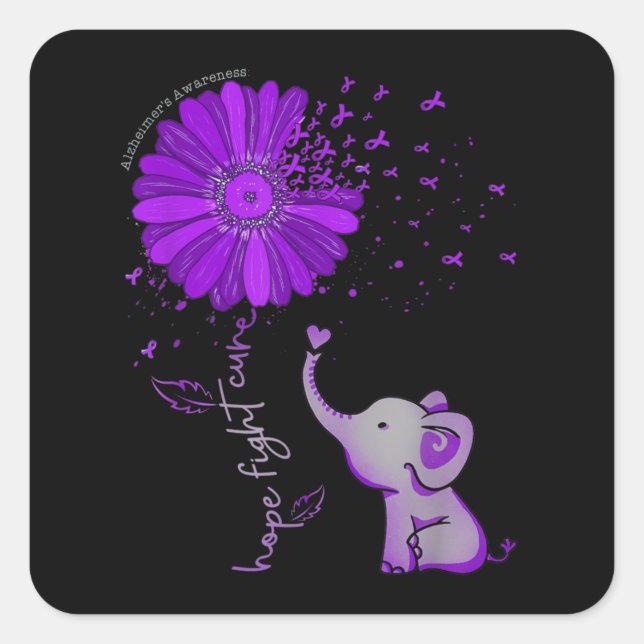 Hope Fight Cute Elephant Alzheimer's Purple Ribbon Square Sticker (Front)