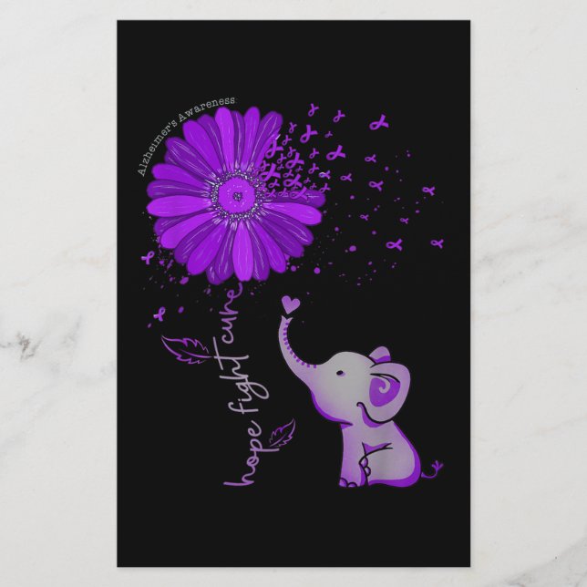 Hope Fight Cute Elephant Alzheimer's Purple Ribbon Stationery (Front)