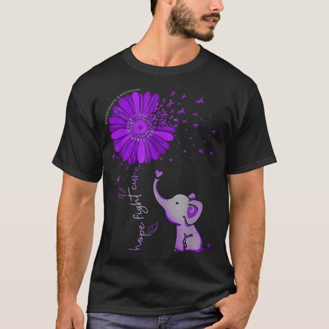 Hope Fight Cute Elephant Alzheimer's Purple Ribbon T-Shirt (Front)