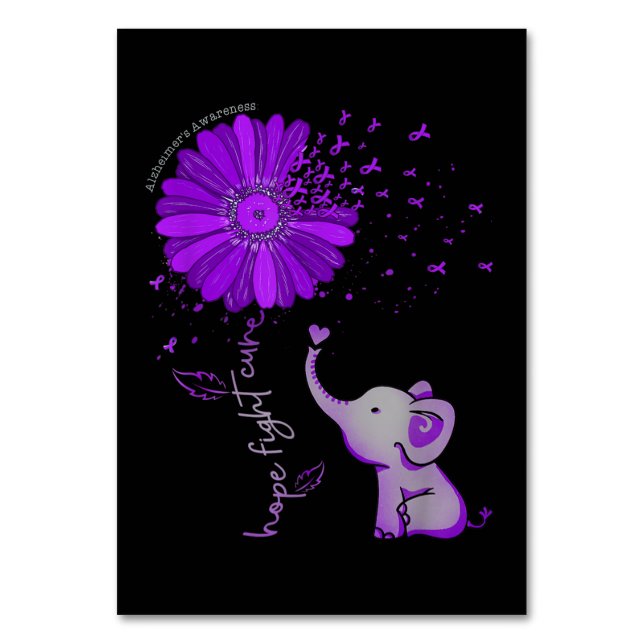 Hope Fight Cute Elephant Alzheimer's Purple Ribbon Table Number (Front)