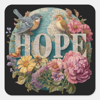 Hope Floral Typography with Birds and Botanical Square Sticker