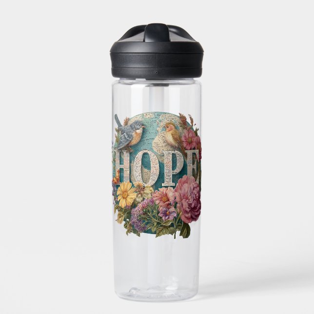 Hope Floral Typography with Birds and Botanical Water Bottle (Front)