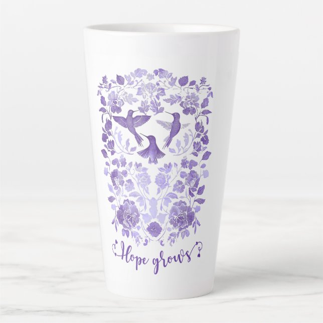 Hope Grows – Lavender Linocut Bird Inspirational Latte Mug (Front)
