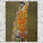 Hope II by Gustav Klimt, Vintage Art Nouveau Jigsaw Puzzle<br><div class="desc">Hope II (1907/08) by Gustav Klimt is a vintage Victorian Era Symbolism fine art painting featuring a pregnant lady looking down over her large belly towards a human skull. There are three women near her feet woven into the intricate pattern of her robe. The woman has exposed breasts and is...</div>