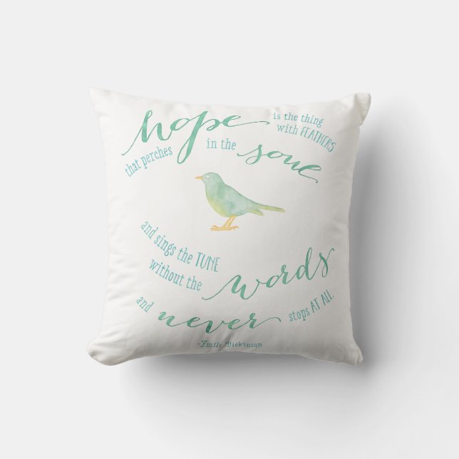 Hope is the thing with feathers quote cushion (Front)