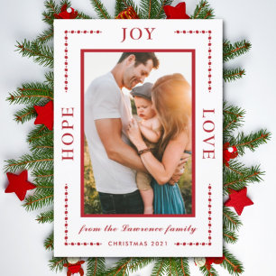 Hope Joy Love Modern Photo Red White Christmas Holiday Card