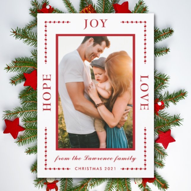 Hope Joy Love Modern Photo Red White Christmas Holiday Card (Creator Uploaded)