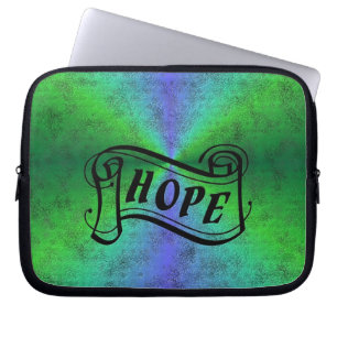 Hope on blue green rainbow in leather optics laptop sleeve