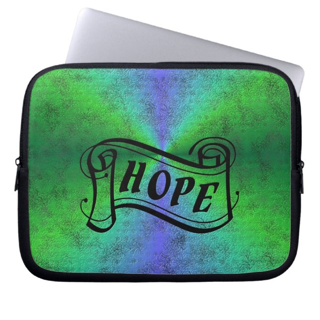 Hope on blue green rainbow in leather optics laptop sleeve (Front)