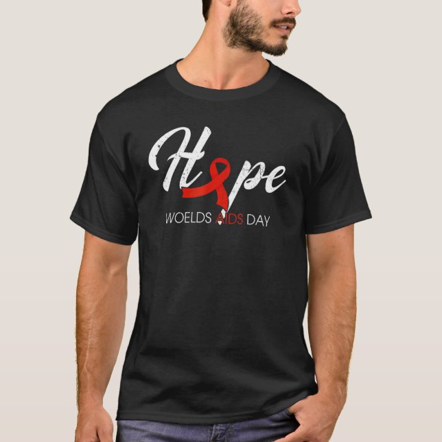 Hope Red Ribbon Hiv Aids Awareness Month Warriors  T-Shirt (Front)