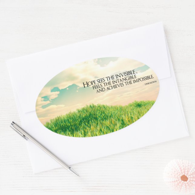 "Hope sees the invisible" Inspirational Quote Oval Sticker (Envelope)