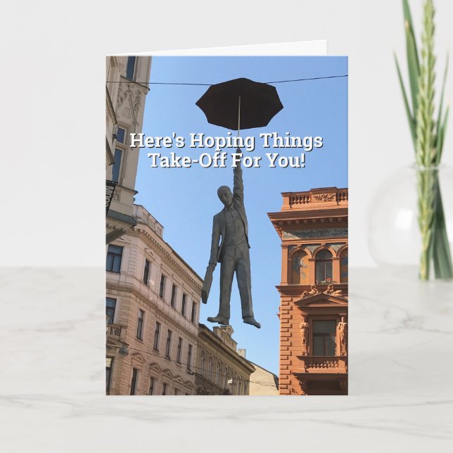 Hope Things take Off. Man Flying with Umbrella. Card (Front)