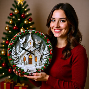 Hope White Church Snow Doves Large Clock