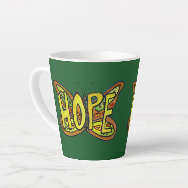 Hope Word Art Green Butterfly Wing Coffee Cup (Left Angle)