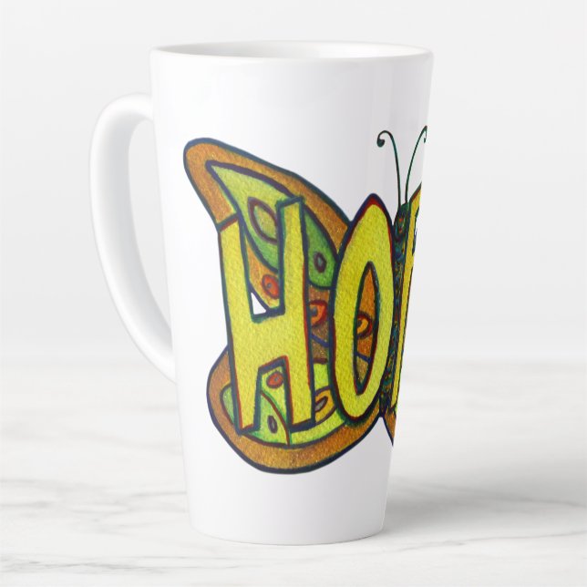 Hope Word Art Green Butterfly Wing Cup Latte Mug (Left Angle)