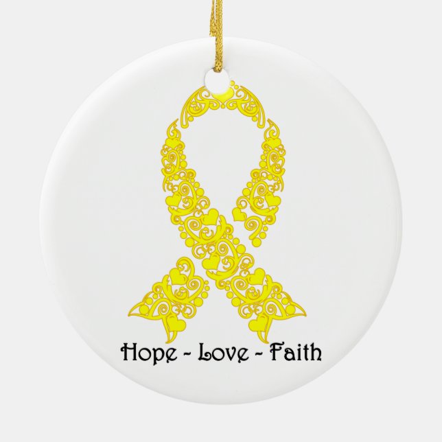 Hope Yellow Awareness Ribbon Ceramic Tree Decoration (Back)