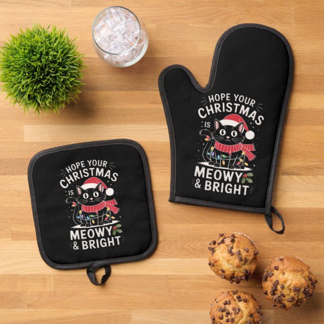 Hope Your Christmas Is Meowy and Bright Cat Xmas Oven Mitt & Pot Holder Set (Top Down)