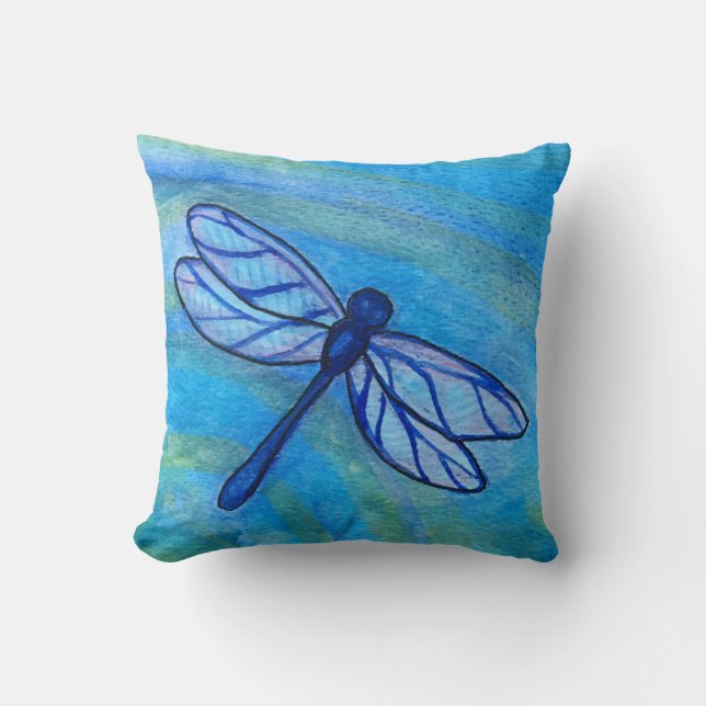 Hopeful Blue Dragonfly Peaceful Watercolor Cushion (Front)