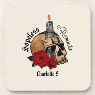 Hopeless Romantic – Gothic Skull, Red Rose Coaster