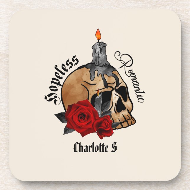Hopeless Romantic – Gothic Skull, Red Rose Coaster (Front)
