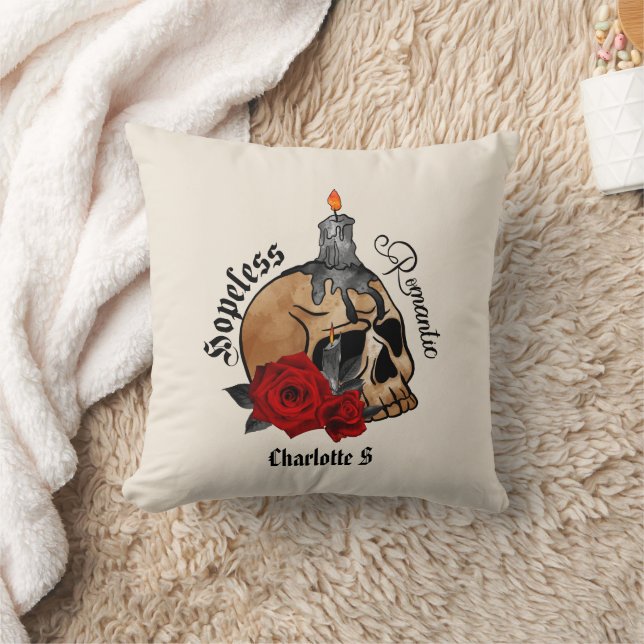 Hopeless Romantic – Gothic Skull, Red Rose Cushion (Blanket)