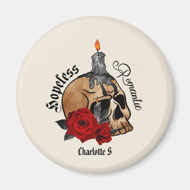 Hopeless Romantic – Gothic Skull, Red Rose Magnet (Front)
